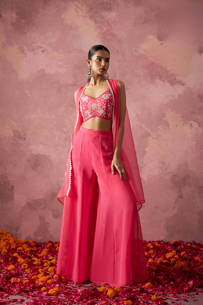 Peach Pink Georgette Indo-Western with Handwork Shrug