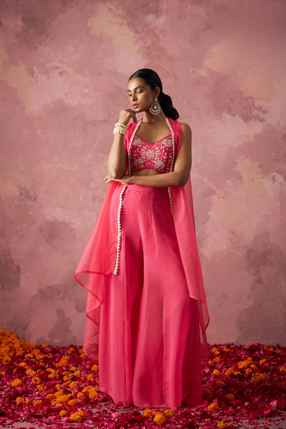 Peach Pink Georgette Indo-Western with Handwork Shrug
