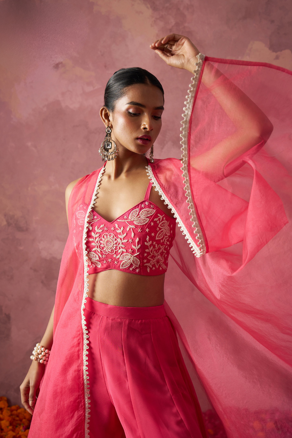 Peach Pink Georgette Indo-Western with Handwork Shrug