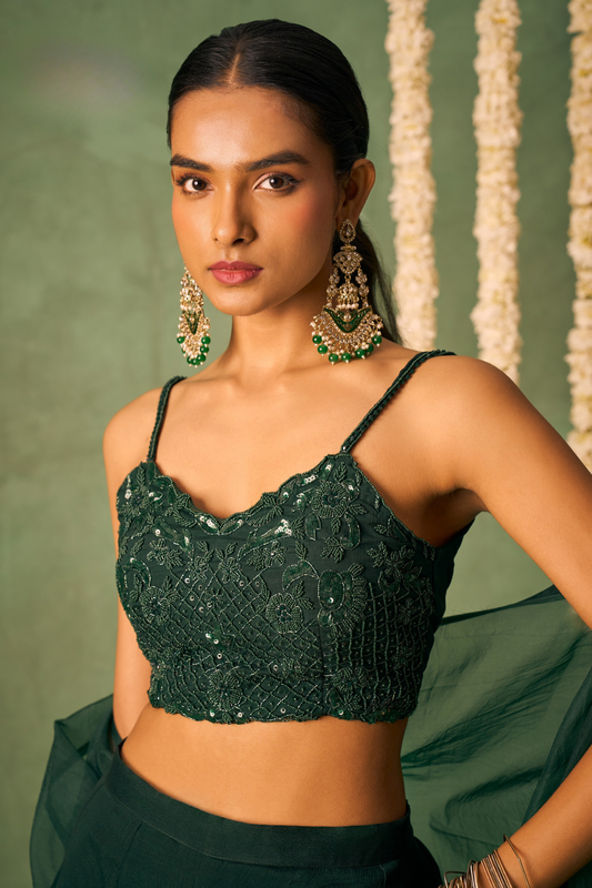 Green Sharara Ensemble with Khatli Embroidered Blouse