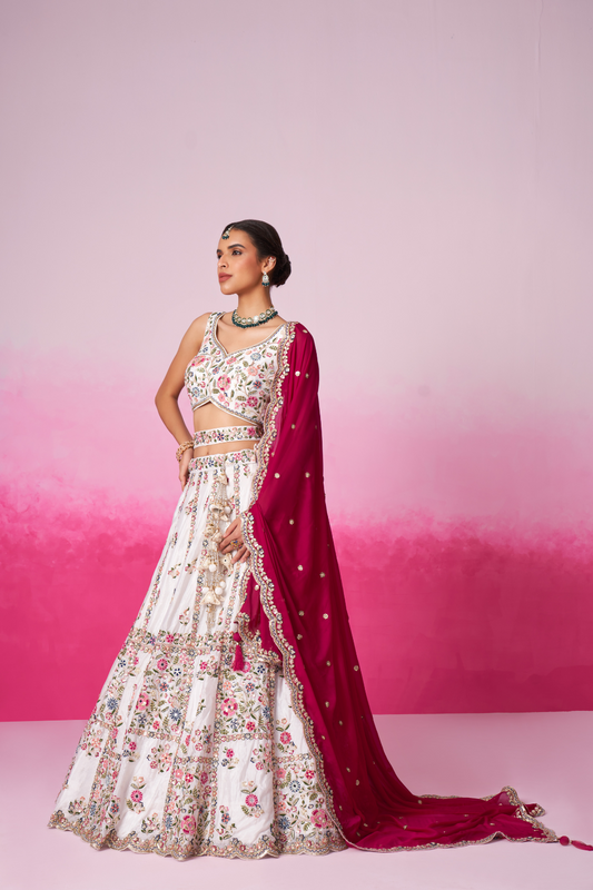 Georgette Moti And Sequins Embroidery Bridal Lehenga Choli Dupatta