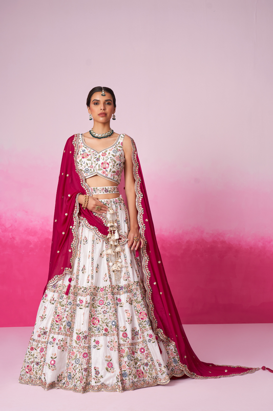 Georgette Moti And Sequins Embroidery Bridal Lehenga Choli Dupatta