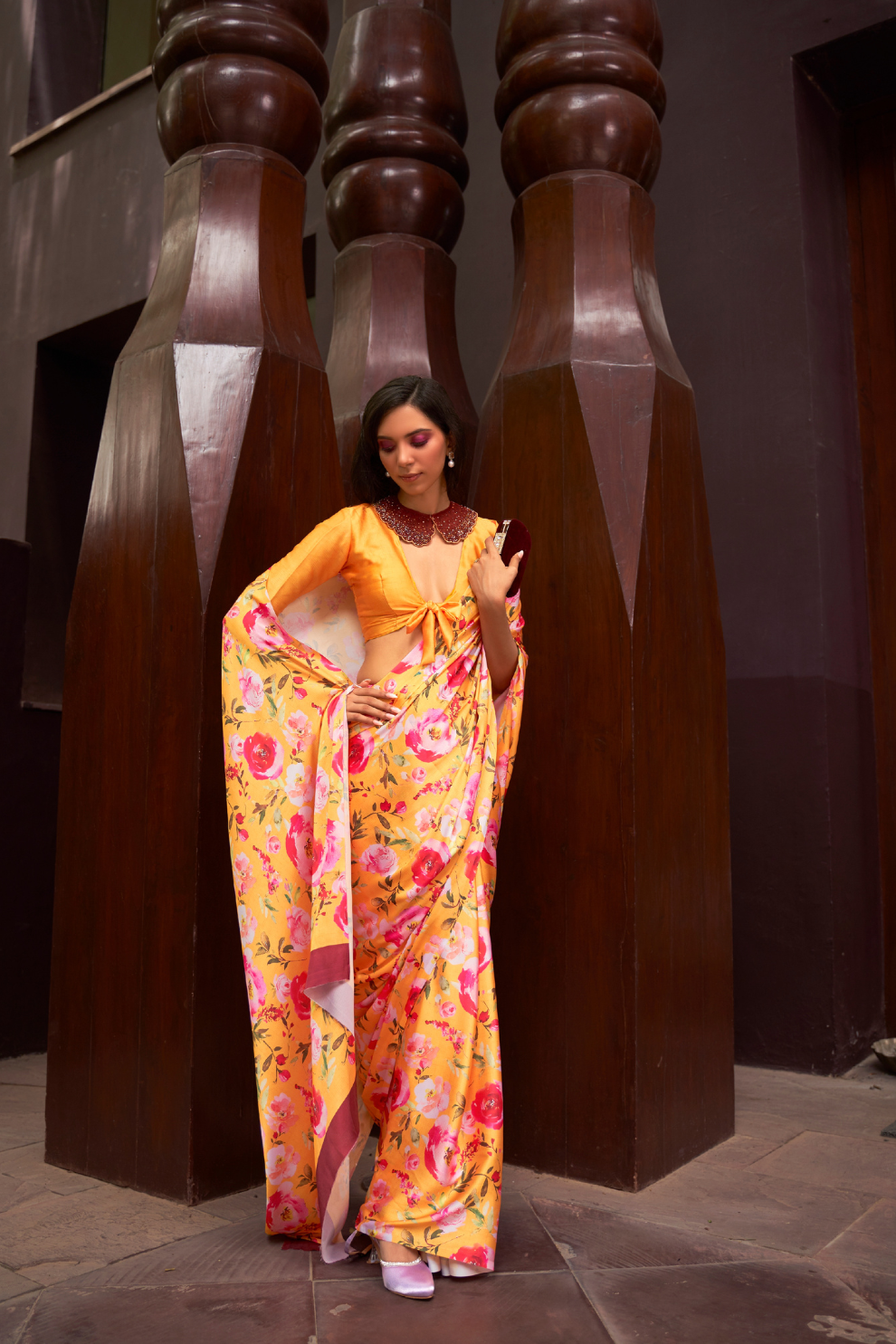 Digital Printed Satin Creep Saree with Smooth Silken Drape