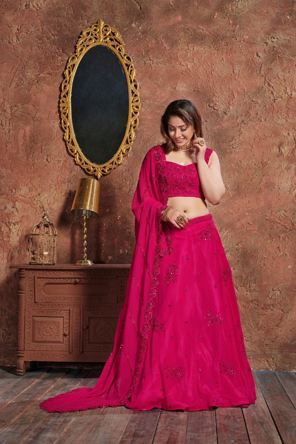 Elegant Rani Pink Embroidered Georgette Lehenga Set Design