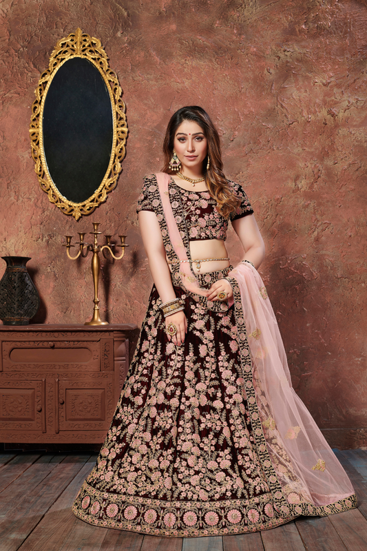 Elegant Maroon Embroidered Velvet Lehenga Choli and Dupatta