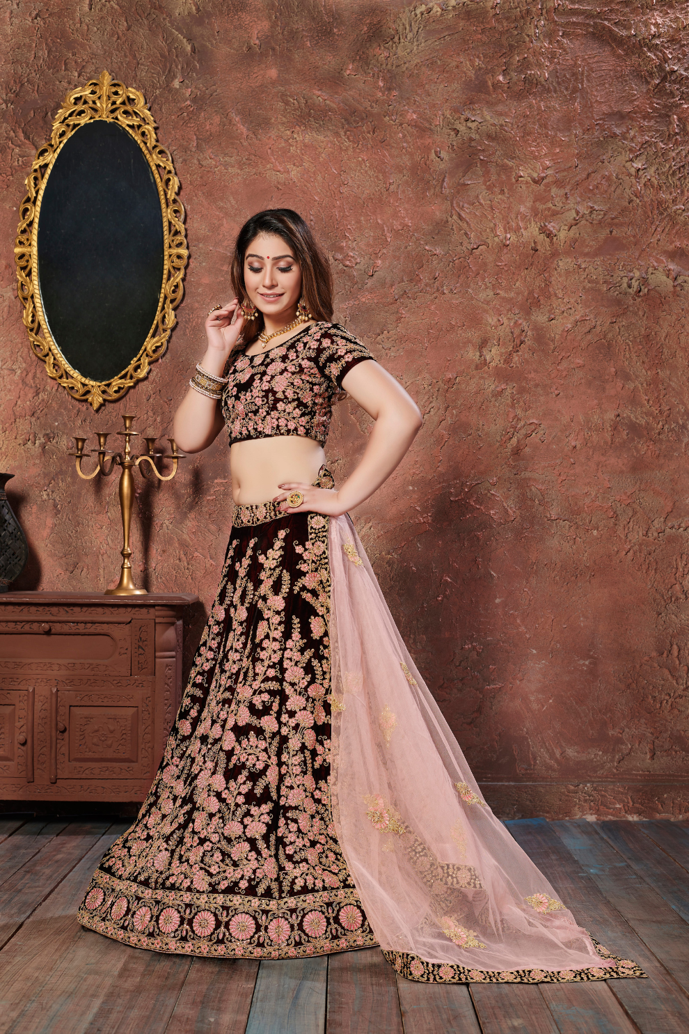 Elegant Maroon Embroidered Velvet Lehenga Choli and Dupatta