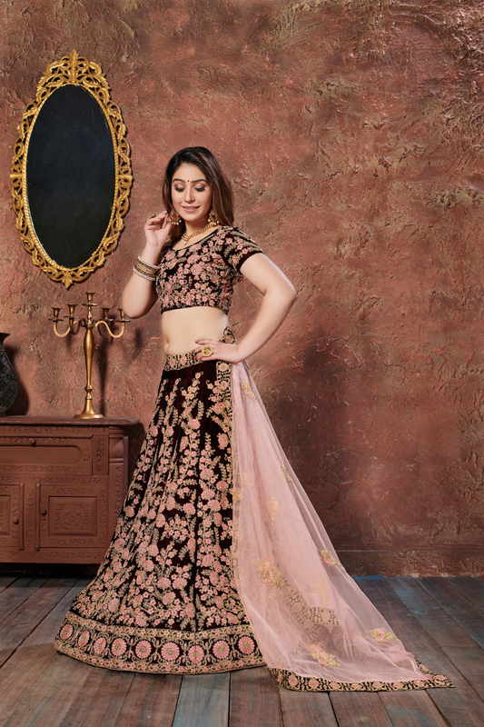 Elegant Maroon Embroidered Velvet Lehenga Choli and Dupatta