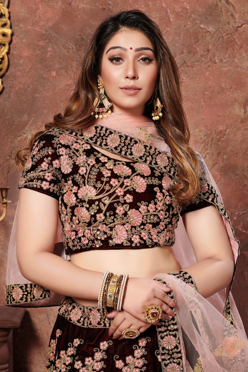 Elegant Maroon Embroidered Velvet Lehenga Choli and Dupatta