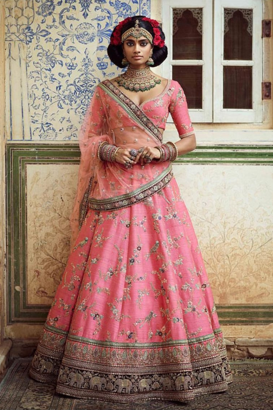 Pink Half Sleeves Art Silk Wedding Lehenga Choli for Elegant Brides