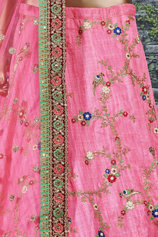 Pink Half Sleeves Art Silk Wedding Lehenga Choli for Elegant Brides