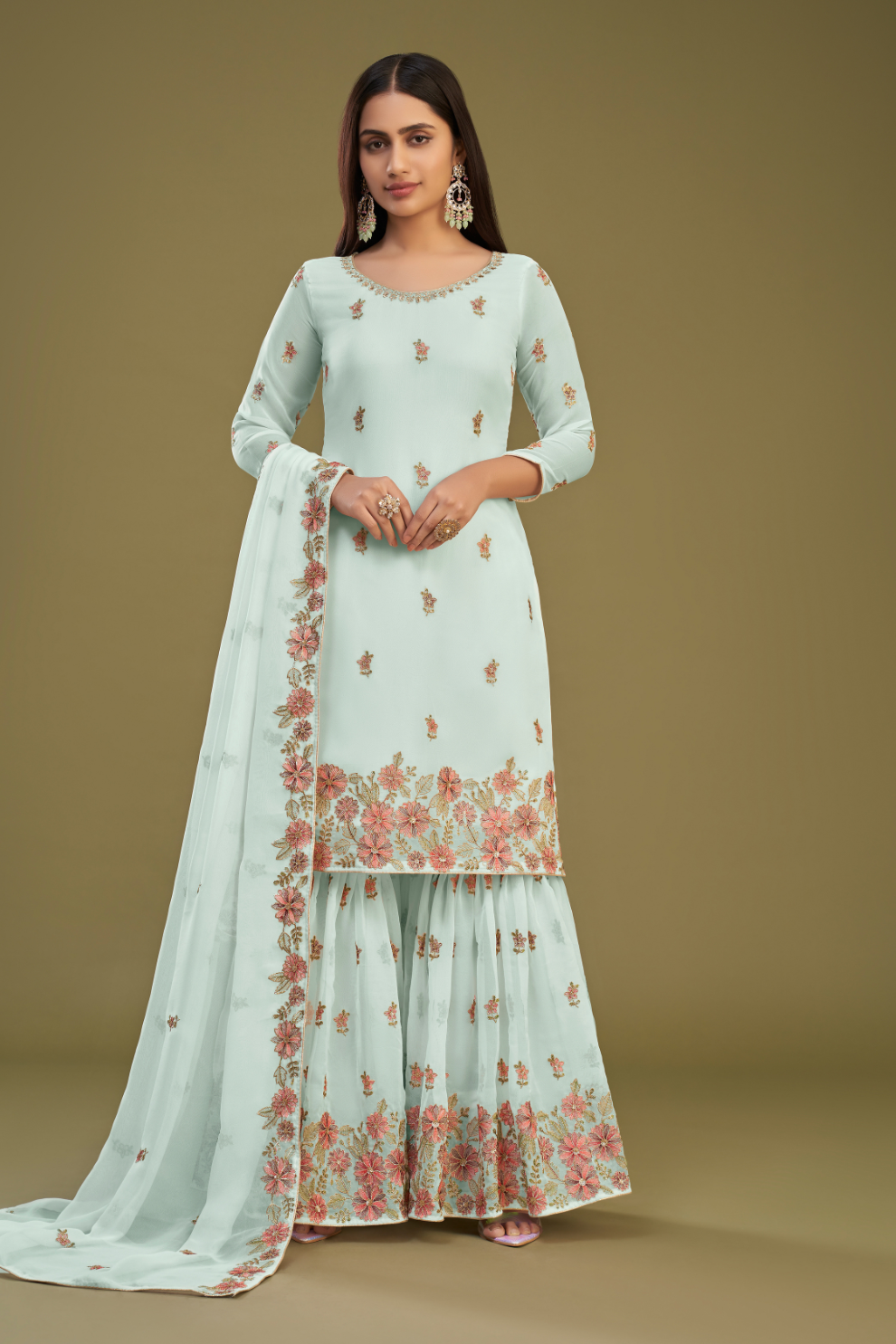 Firozi Georgette Sharara Set With Designer Detailing