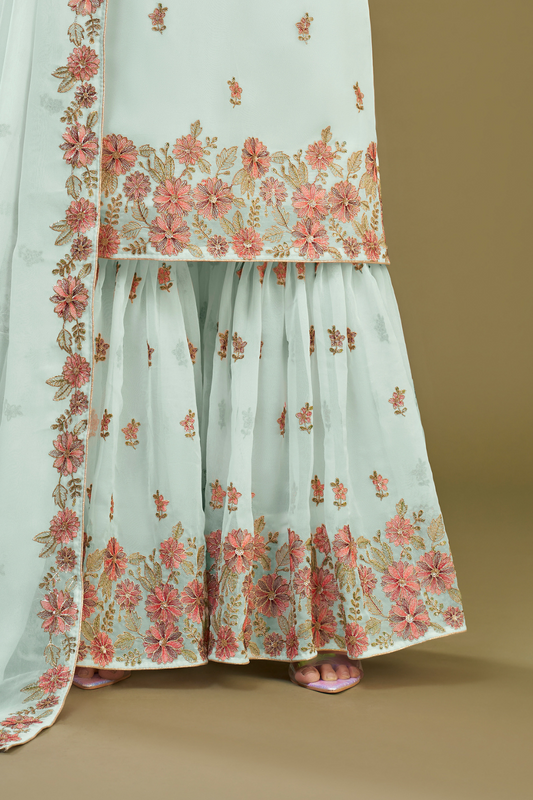 Firozi Georgette Sharara Set With Designer Detailing