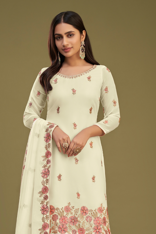 Designer Cream Embroidered Georgette Sharara Suit