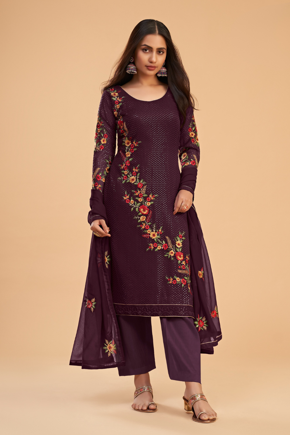 Stylish Wine Sequined Salwar Kameez in Soft Georgette Fabric