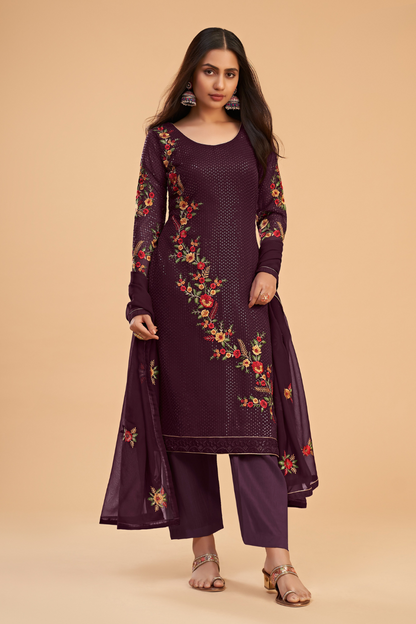 Stylish Wine Sequined Salwar Kameez in Soft Georgette Fabric
