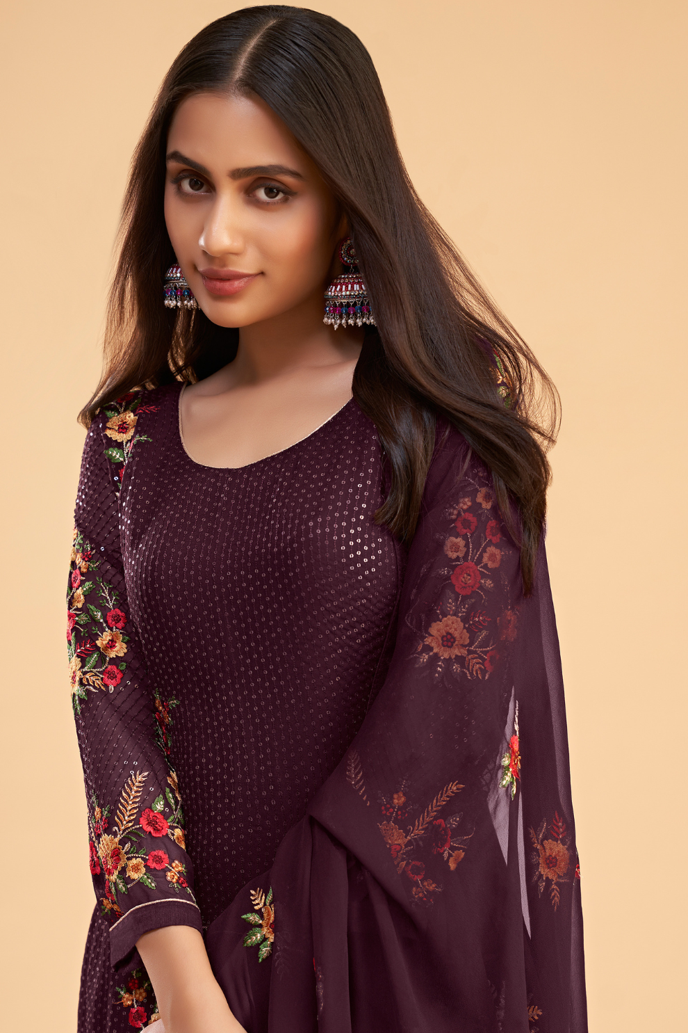 Stylish Wine Sequined Salwar Kameez in Soft Georgette Fabric
