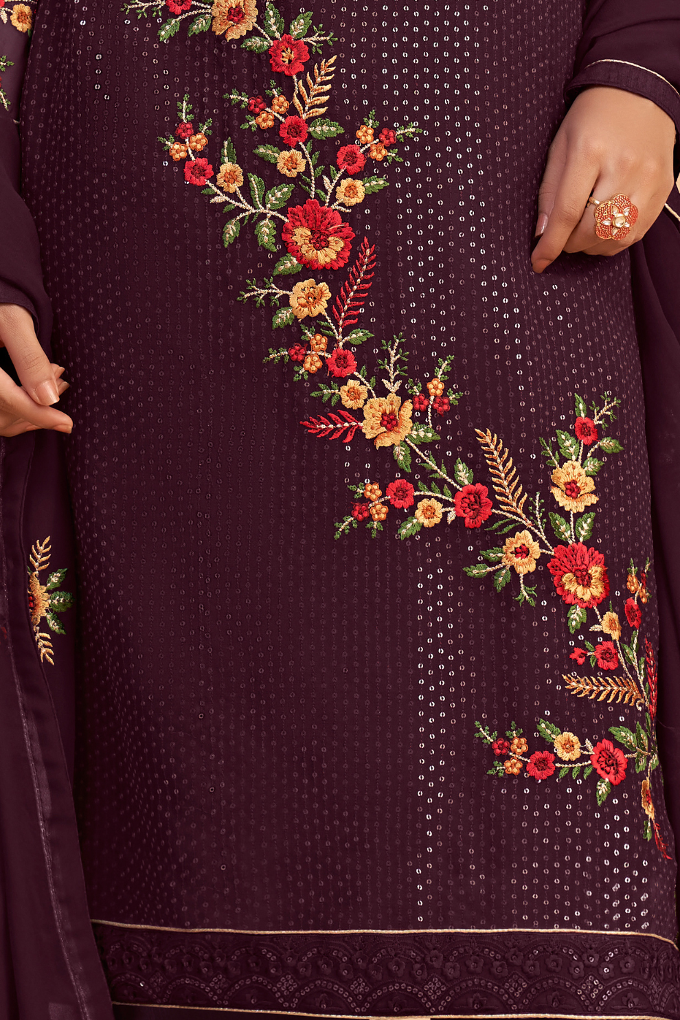 Stylish Wine Sequined Salwar Kameez in Soft Georgette Fabric