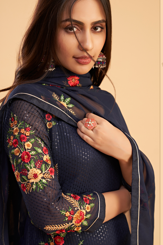 Designer Embroidered Pant Suit in Flowing Georgette