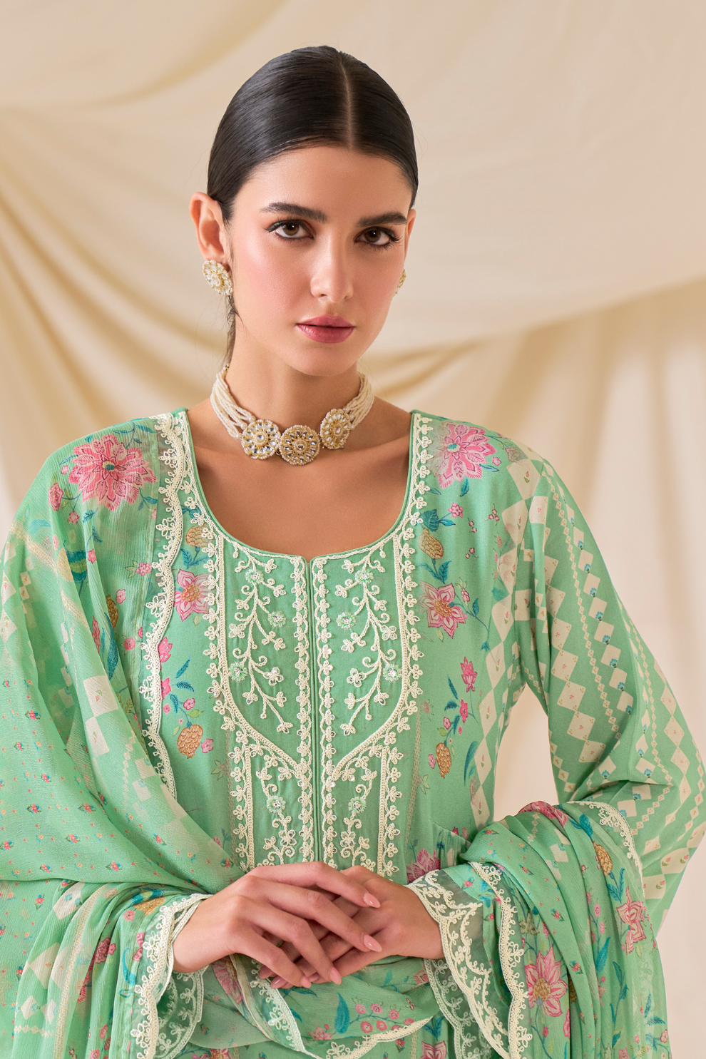 Green Pure Muslin Embroidery Kurta Set with Elegant Design