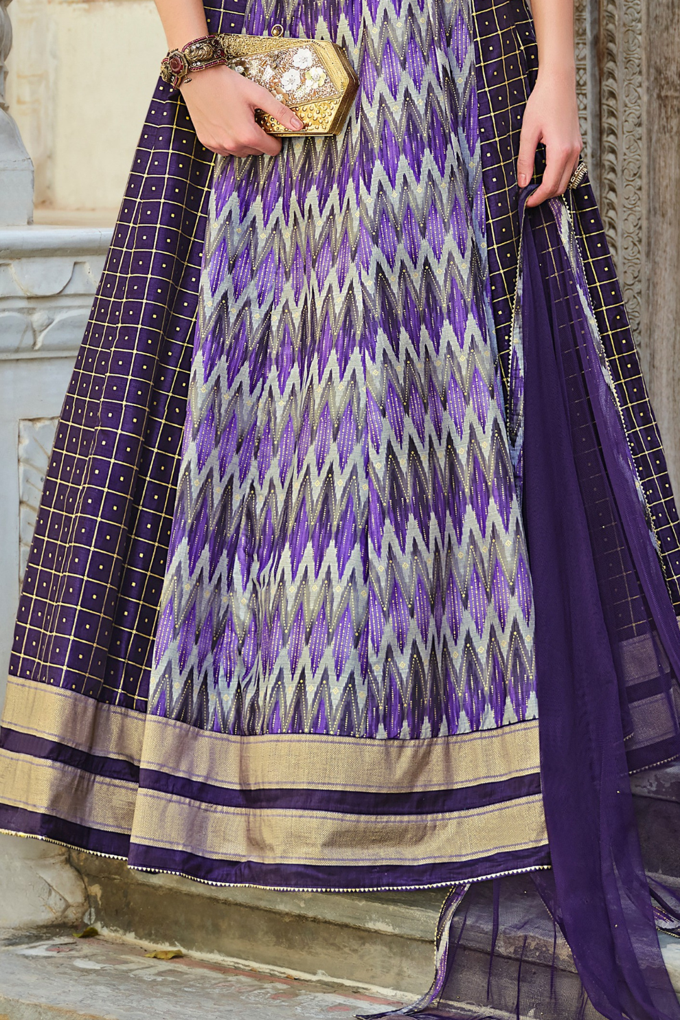 Purple Foil Printed Silk Embroidered Festive Anarkali Gown - LaVante Fashion