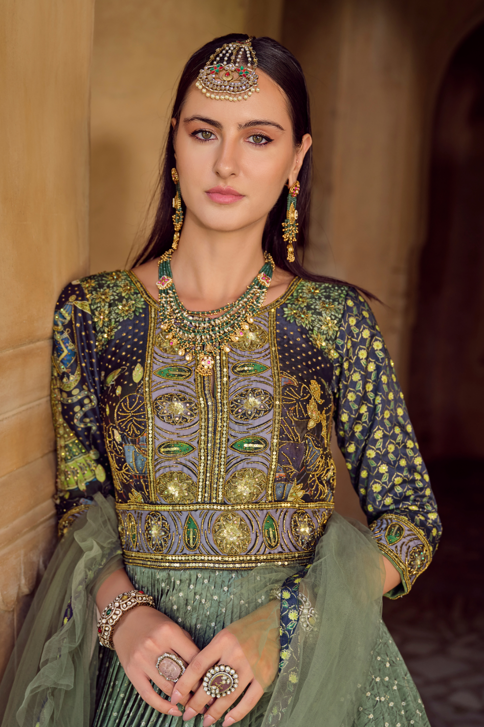 Graceful Green Silk Anarkali Gown Featuring Foil Print