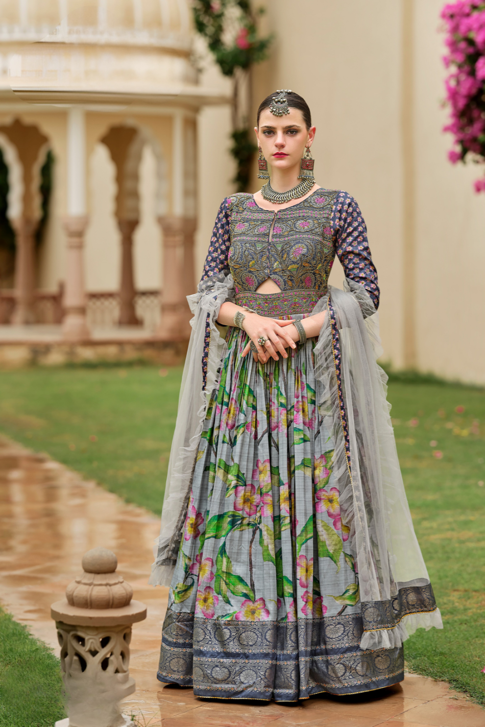 Majesty Grey Silk Designer Gown With Elegant Embroidery