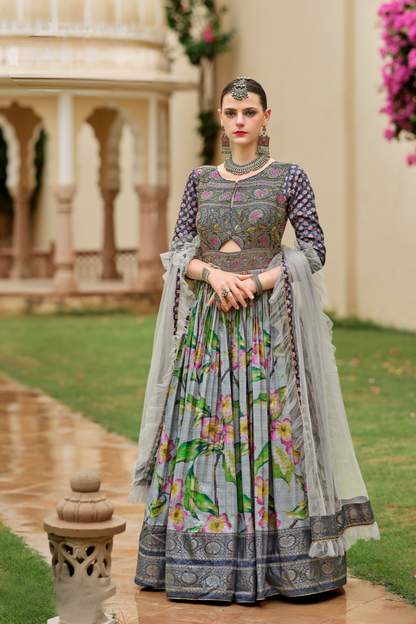 Majesty Grey Silk Designer Gown With Elegant Embroidery