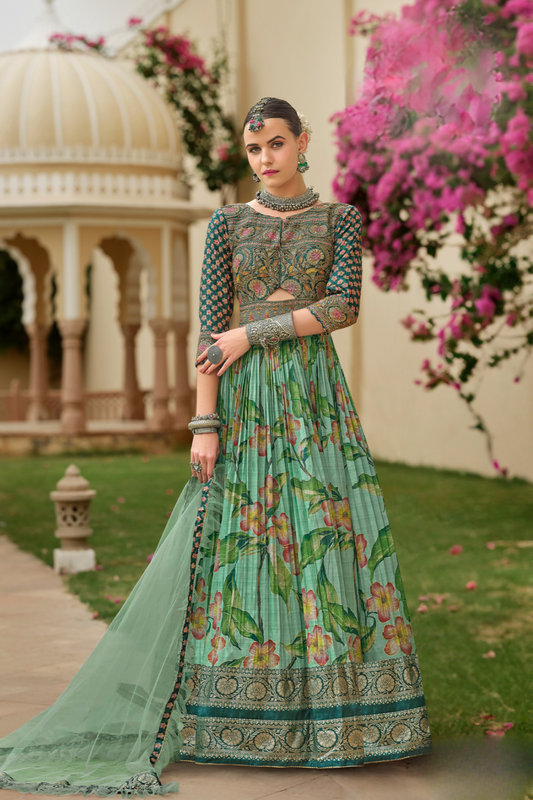 Artisan Green Gown In Silk With Detailed Embroidery & Decorative Work