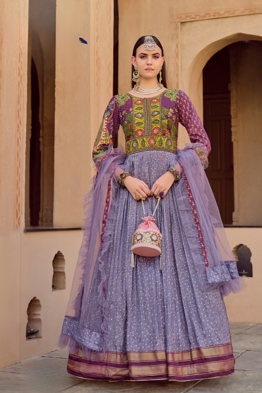 Designer Purple Silk Lehenga Gown With Intricate Heavy Work