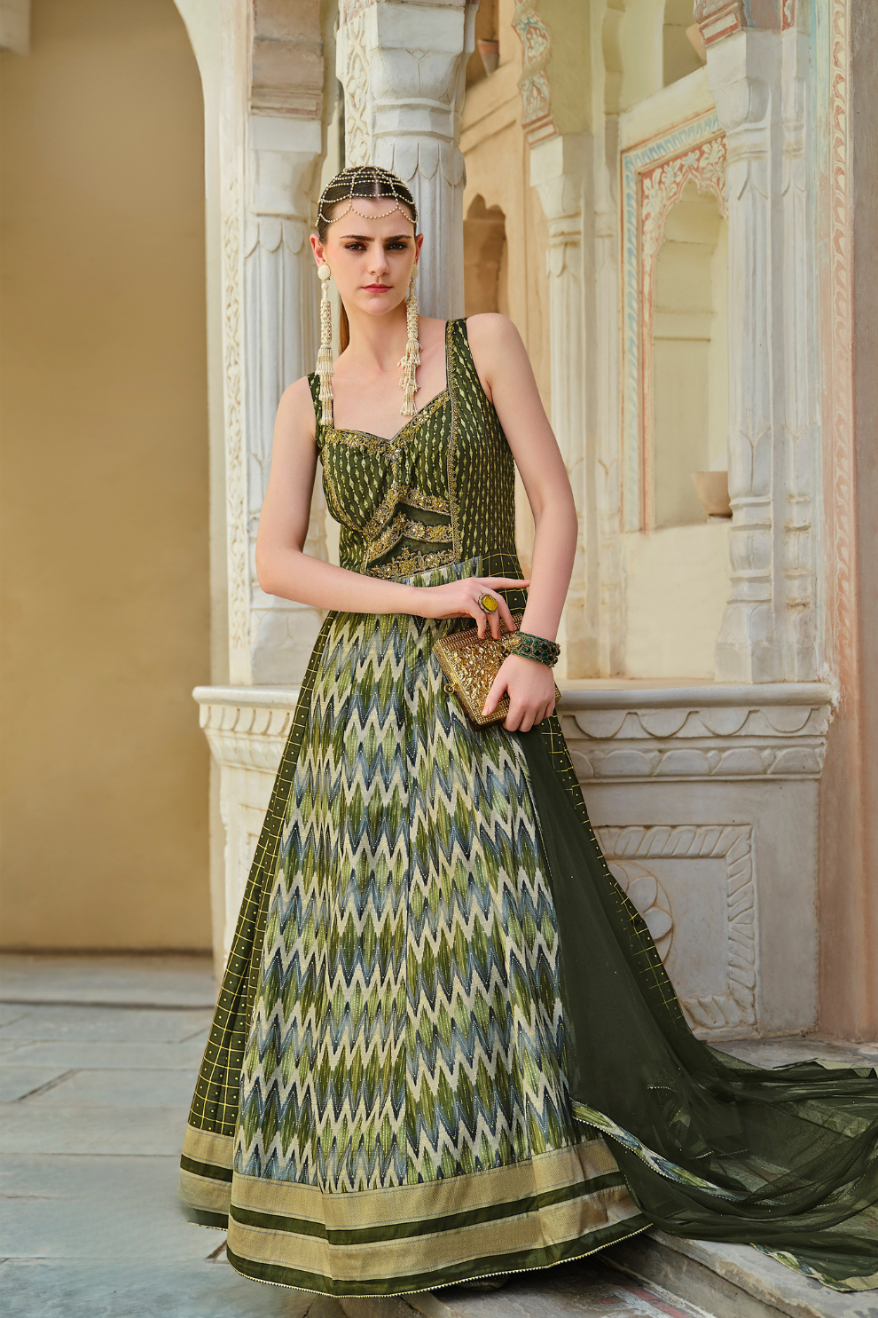 Green Foil Printed Silk Embroidered Festive Anarkali Gown