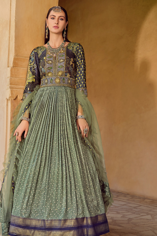 Graceful Green Silk Anarkali Gown Featuring Foil Print