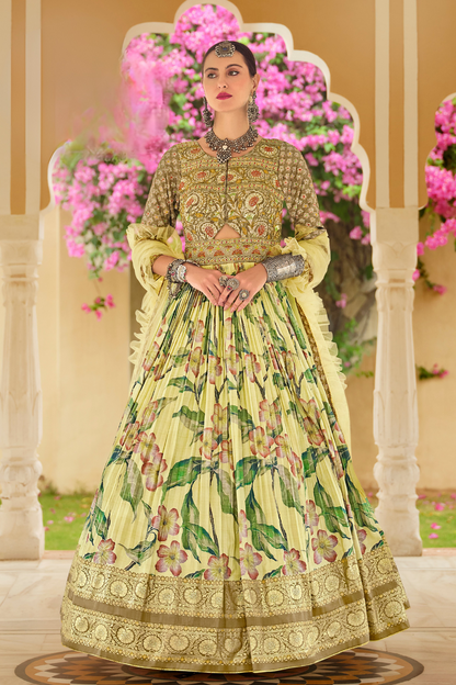 Festive Yellow Floral Anarkali In Luxe Silk With Coordinated Dupatta