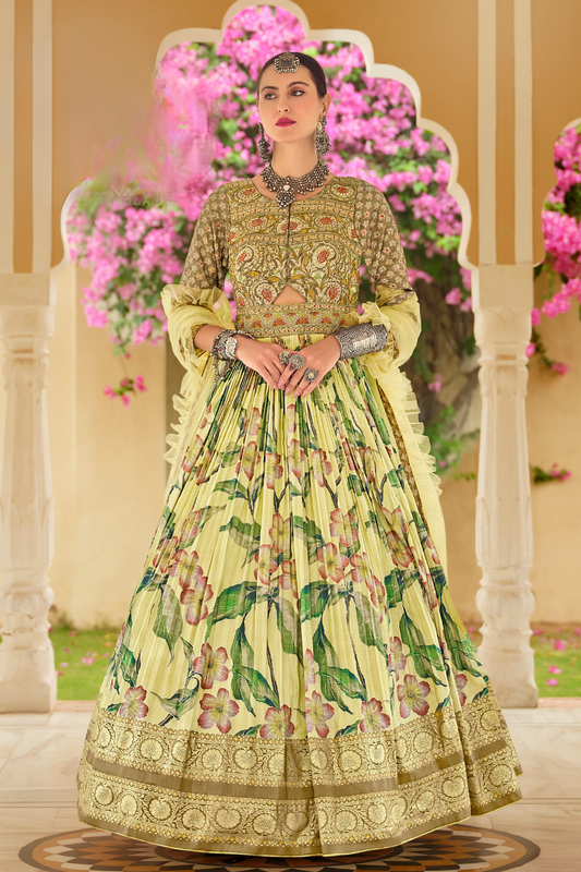Festive Yellow Floral Anarkali In Luxe Silk With Coordinated Dupatta