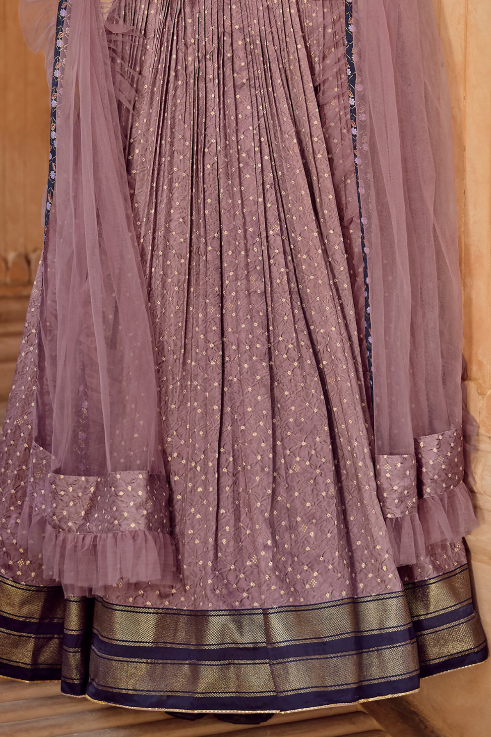 Elegant Purple Silk Gown with Delicate Thread Embroidery