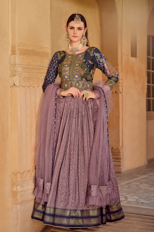 Elegant Purple Silk Gown with Delicate Thread Embroidery