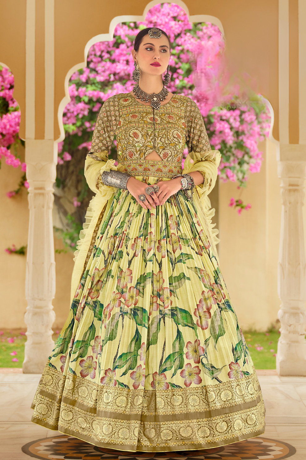 Festive Yellow Floral Anarkali In Luxe Silk With Coordinated Dupatta