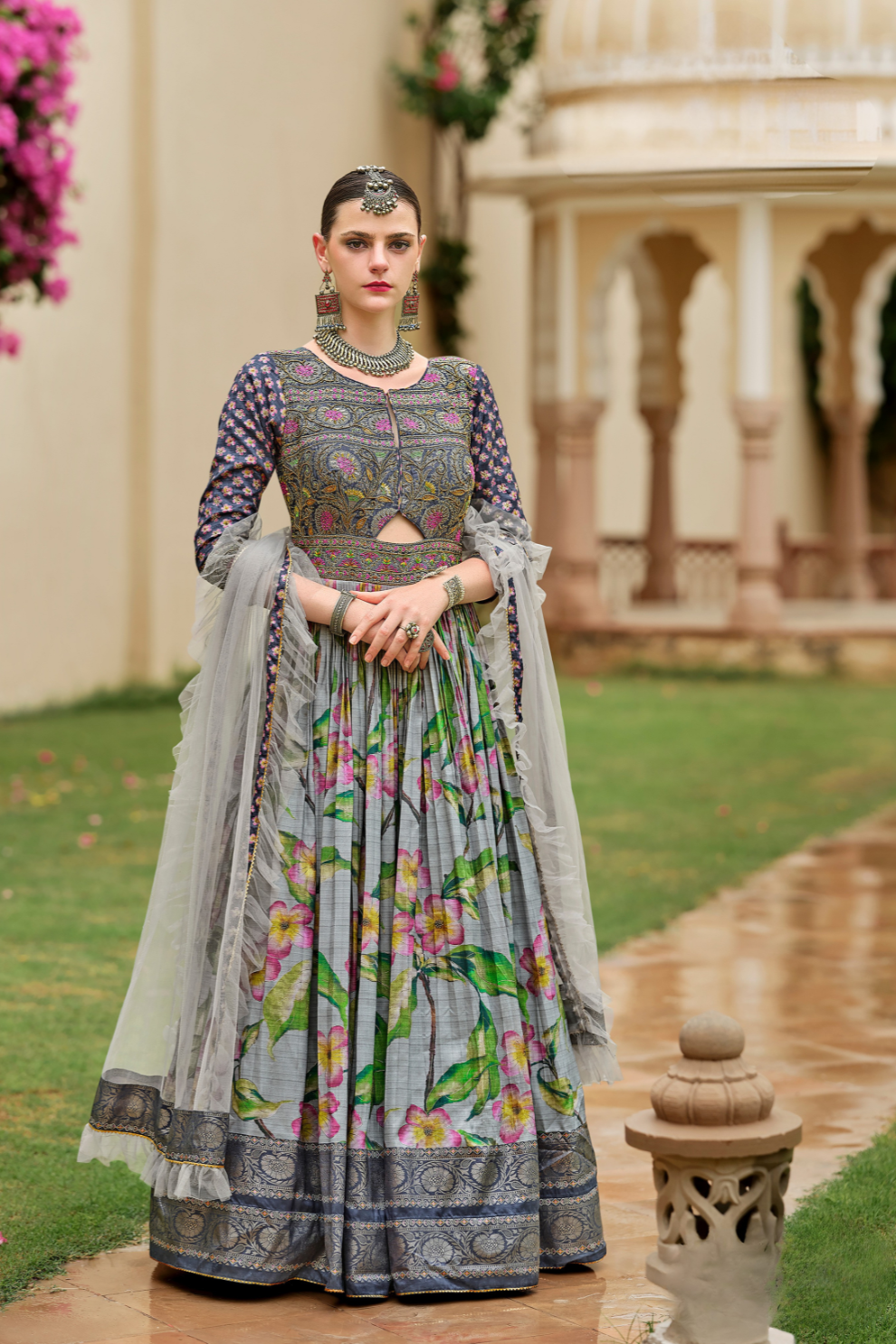 Majesty Grey Silk Designer Gown With Elegant Embroidery