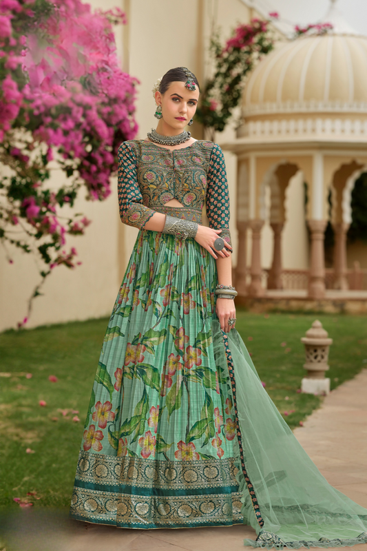 Artisan Green Gown In Silk With Detailed Embroidery & Decorative Work