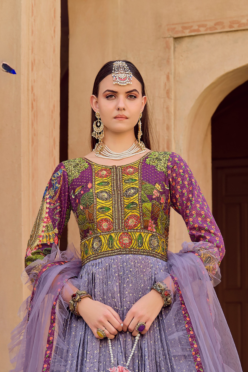 Designer Purple Silk Lehenga Gown With Intricate Heavy Work