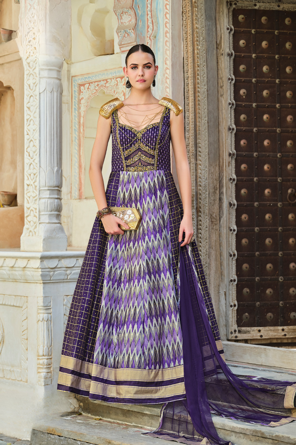 Purple Foil Printed Silk Embroidered Festive Anarkali Gown - LaVante Fashion