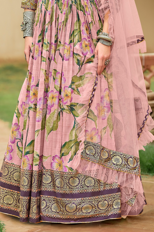 Luxury Zari Silk Pink Gown With Floor-Sweeping Flair