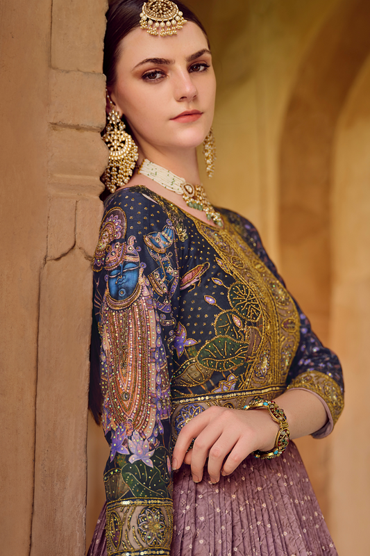 Elegant Purple Silk Gown with Delicate Thread Embroidery