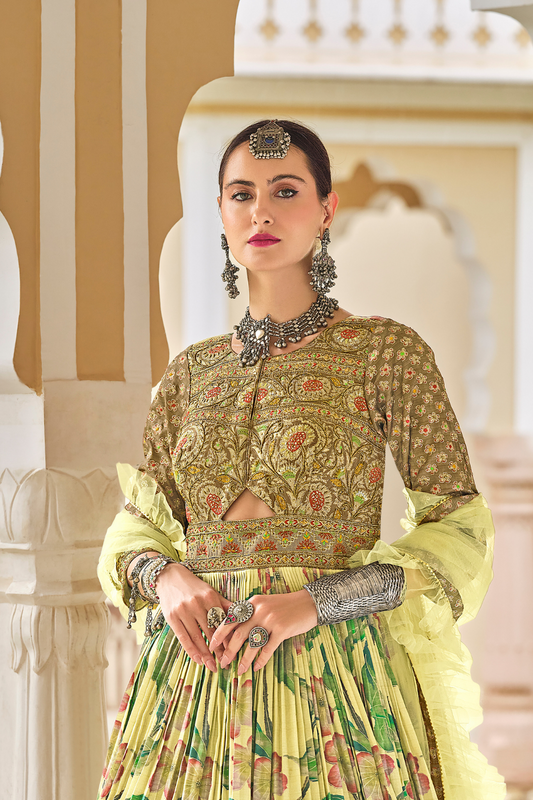 Festive Yellow Floral Anarkali In Luxe Silk With Coordinated Dupatta