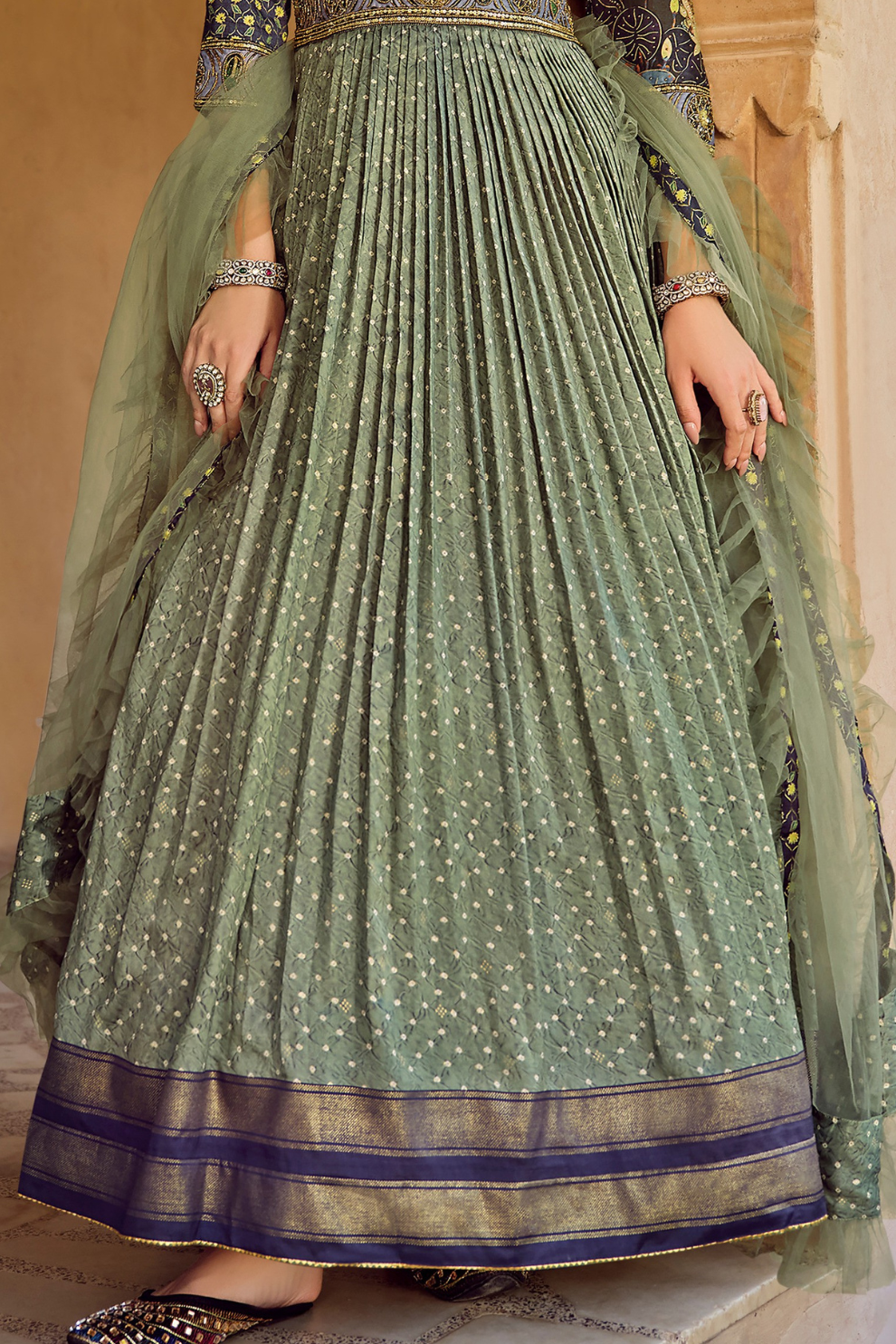 Graceful Green Silk Anarkali Gown Featuring Foil Print