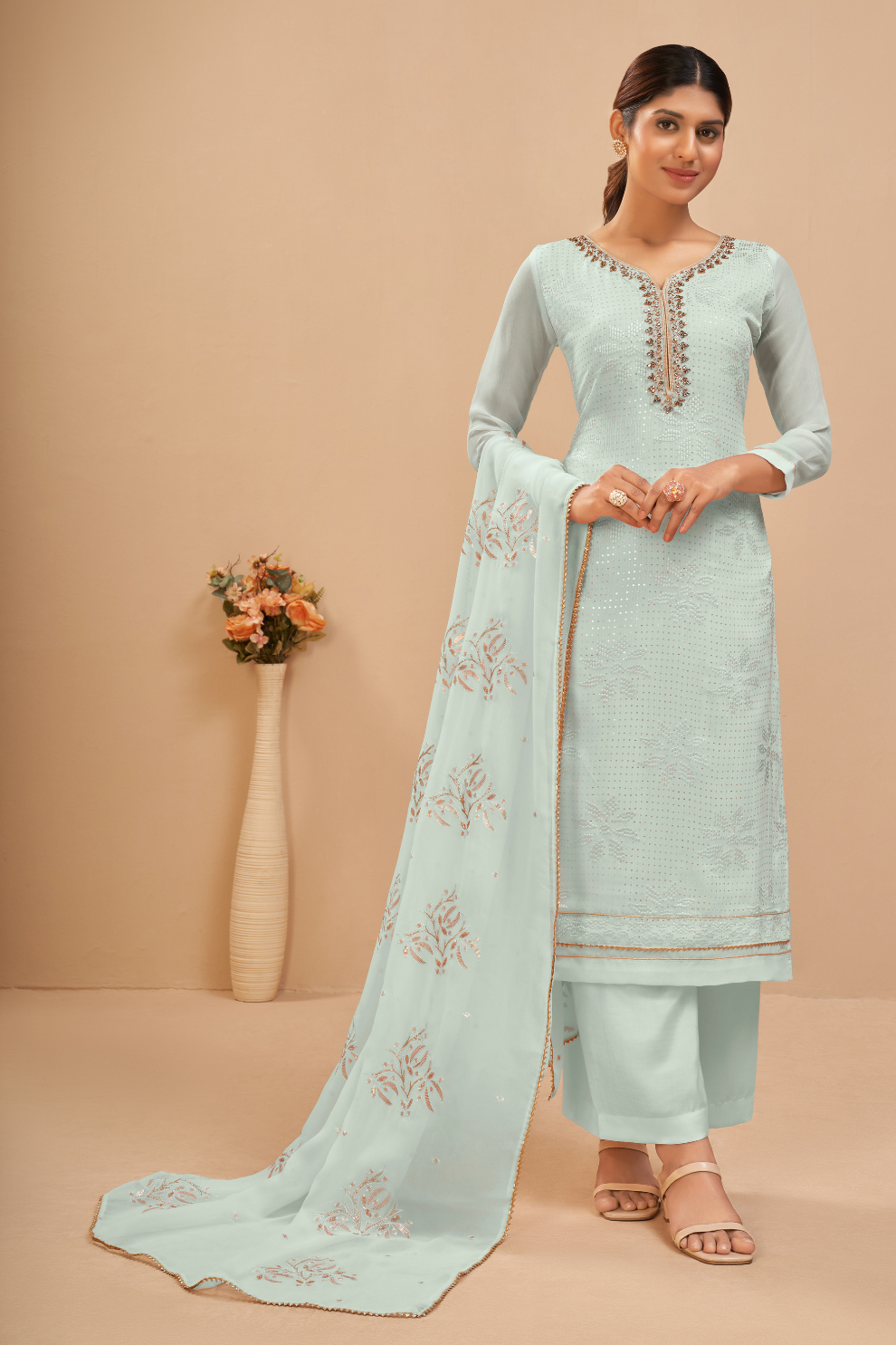 Light Blue Embroidered Georgette Semi-Stitched Suit Set