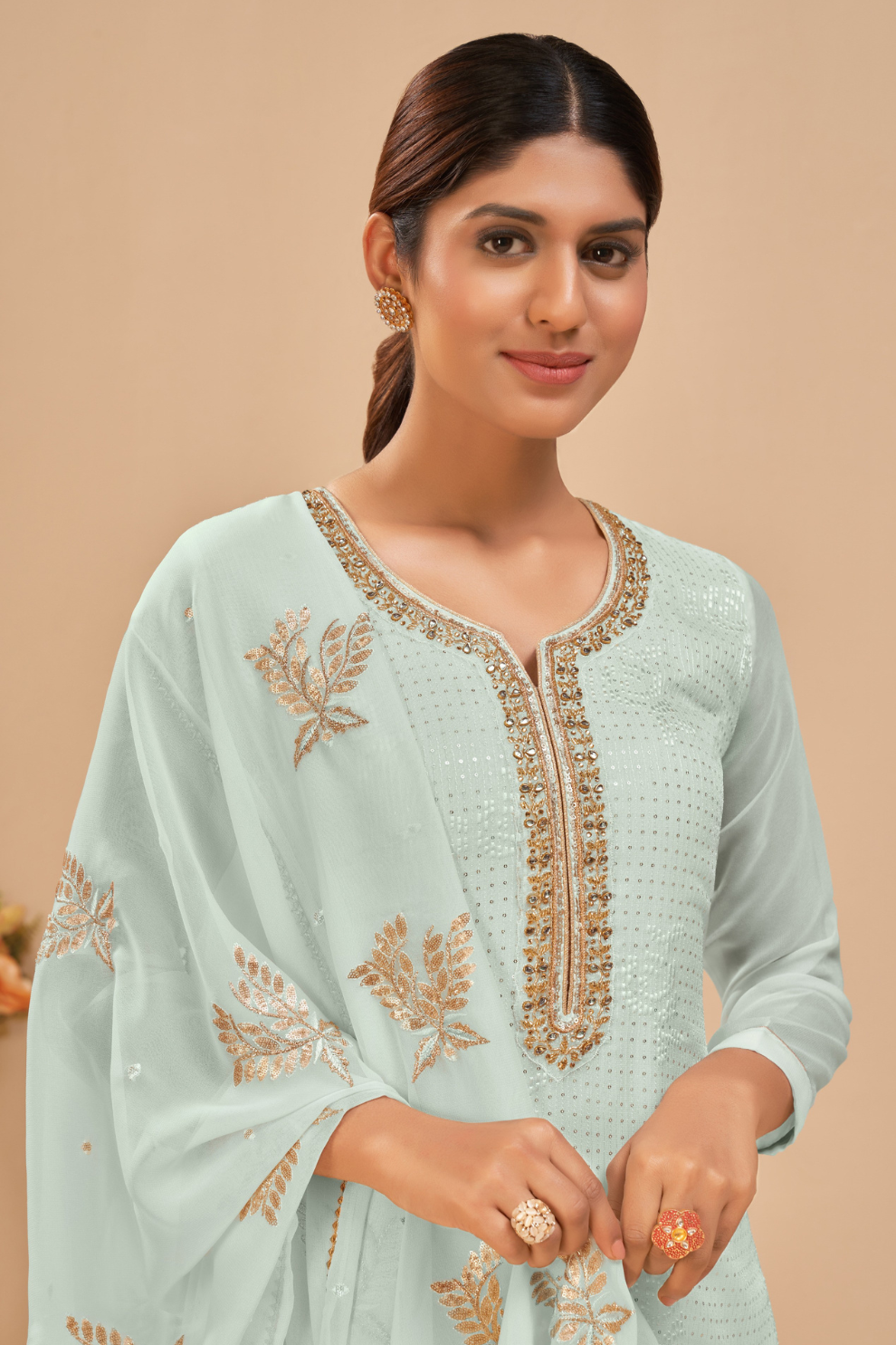 Light Blue Embroidered Georgette Semi-Stitched Suit Set