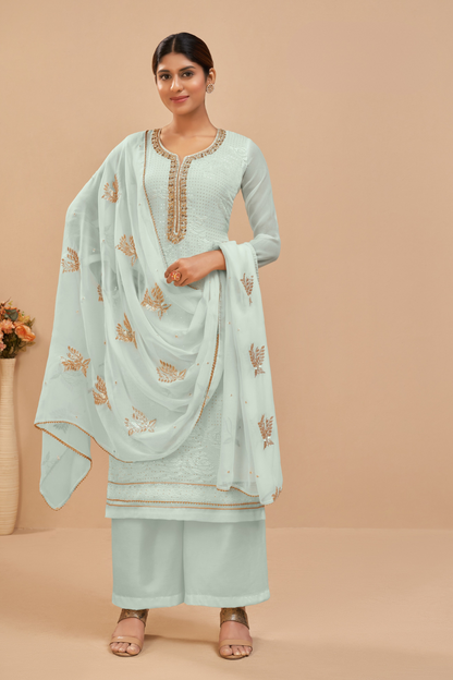 Graceful Sky Blue Palazzo Suit in Lightweight Georgette