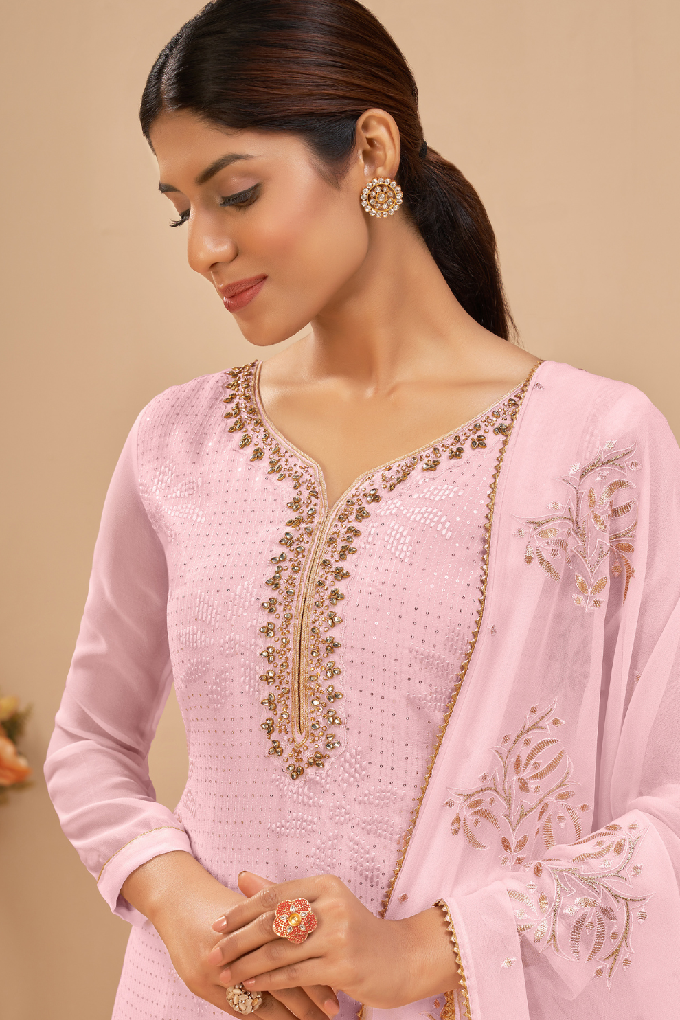 Light Pink Zari Embroidered Georgette Salwar Kameez