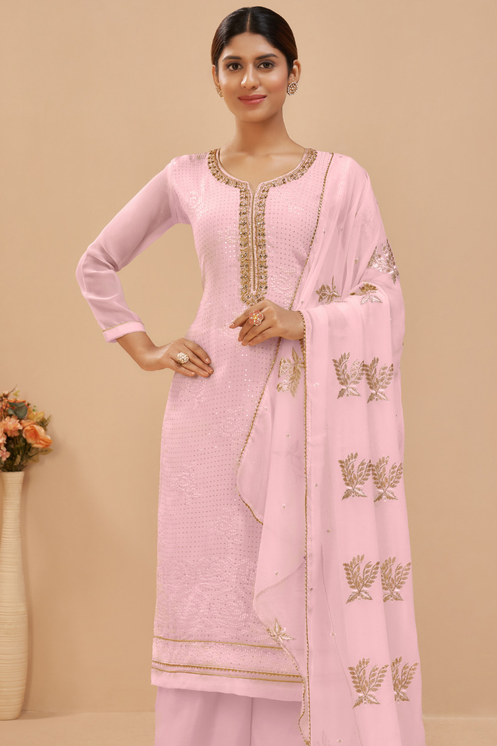 Graceful Light Pink Zari Georgette Suit Set Semi Stitched