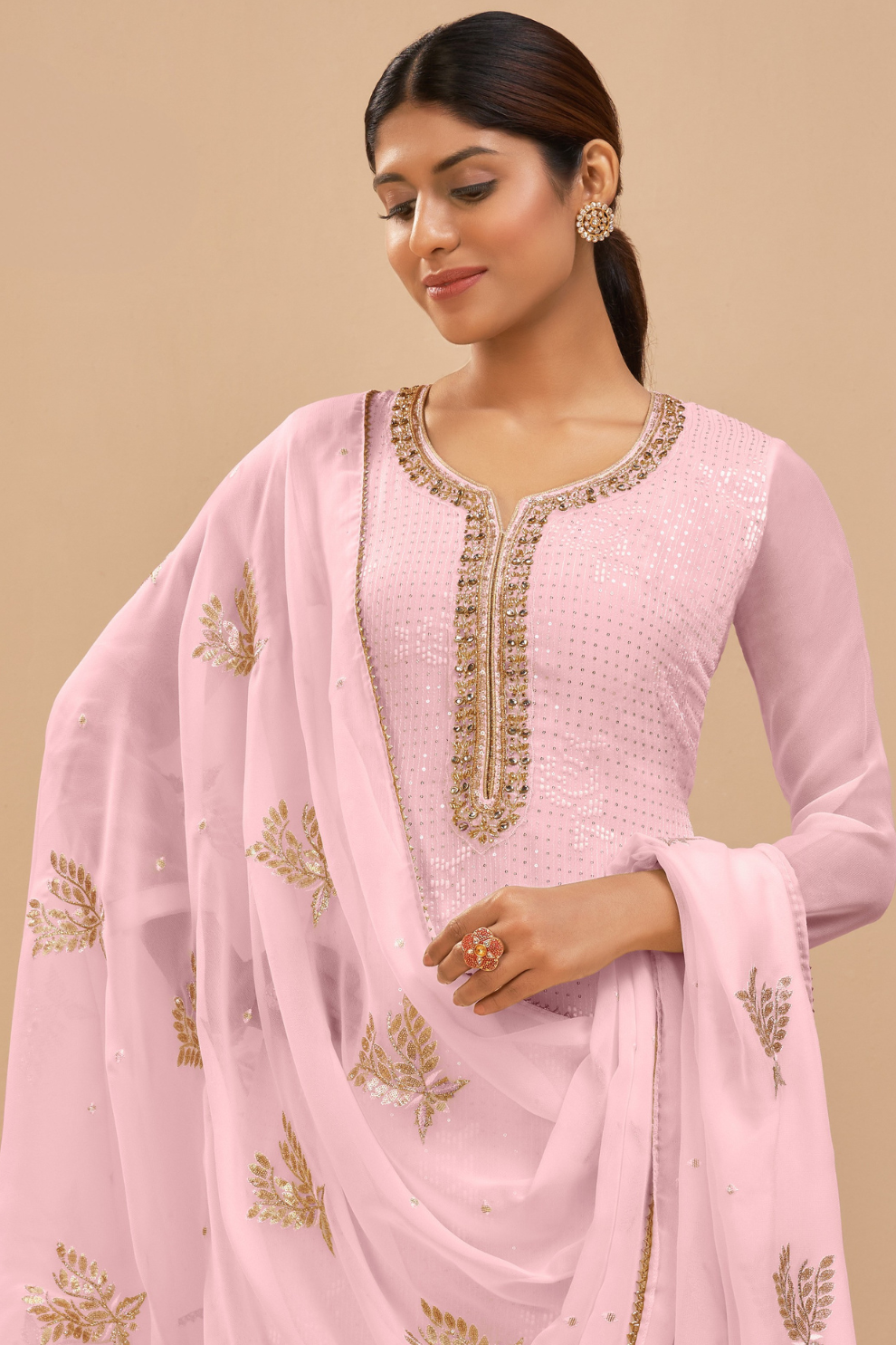 Graceful Light Pink Zari Georgette Suit Set Semi Stitched